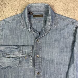 Ralph Lauren Shirt Mens M Blue Chambray Denim Long Sleeve Button Up Black Tag